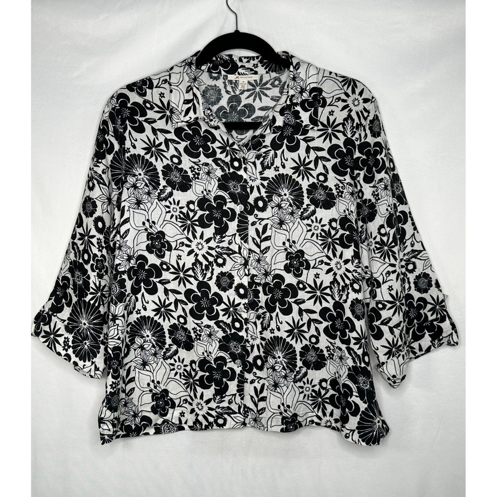 JM Collection Womens 18 Linen Button Down Shirt Black White Floral 3/4 Sleeve